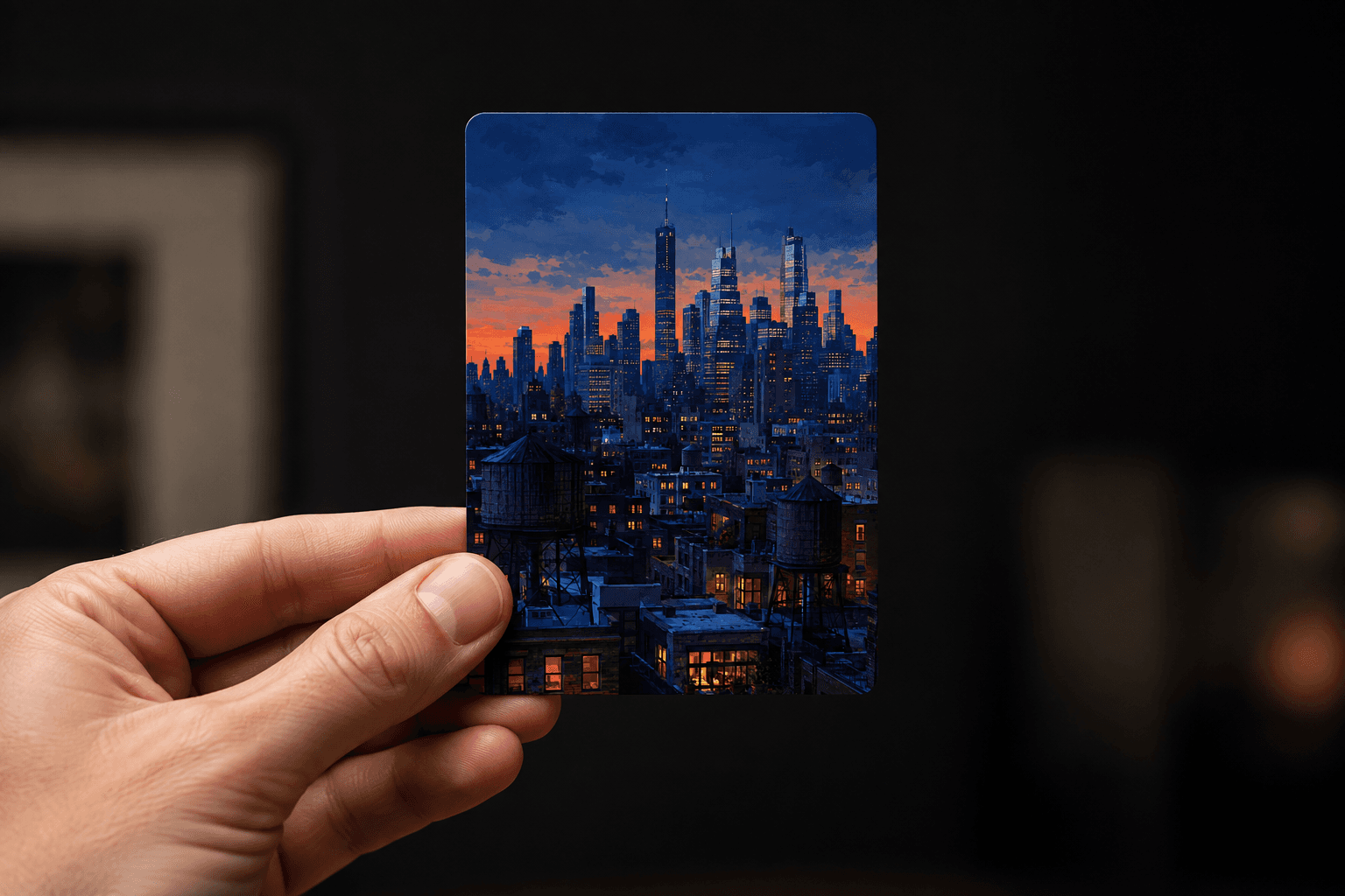 A full-art Apelles Editions collectible card held in a person’s hand